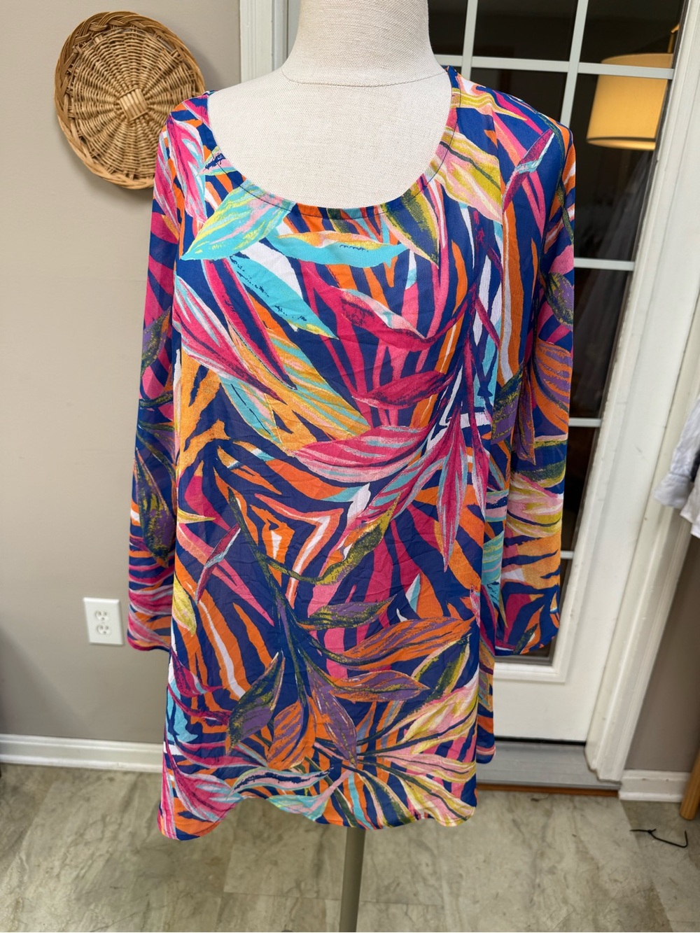 Chico’s Tropical Palm Print Sheer Poncho Blouse Draped Large or XL